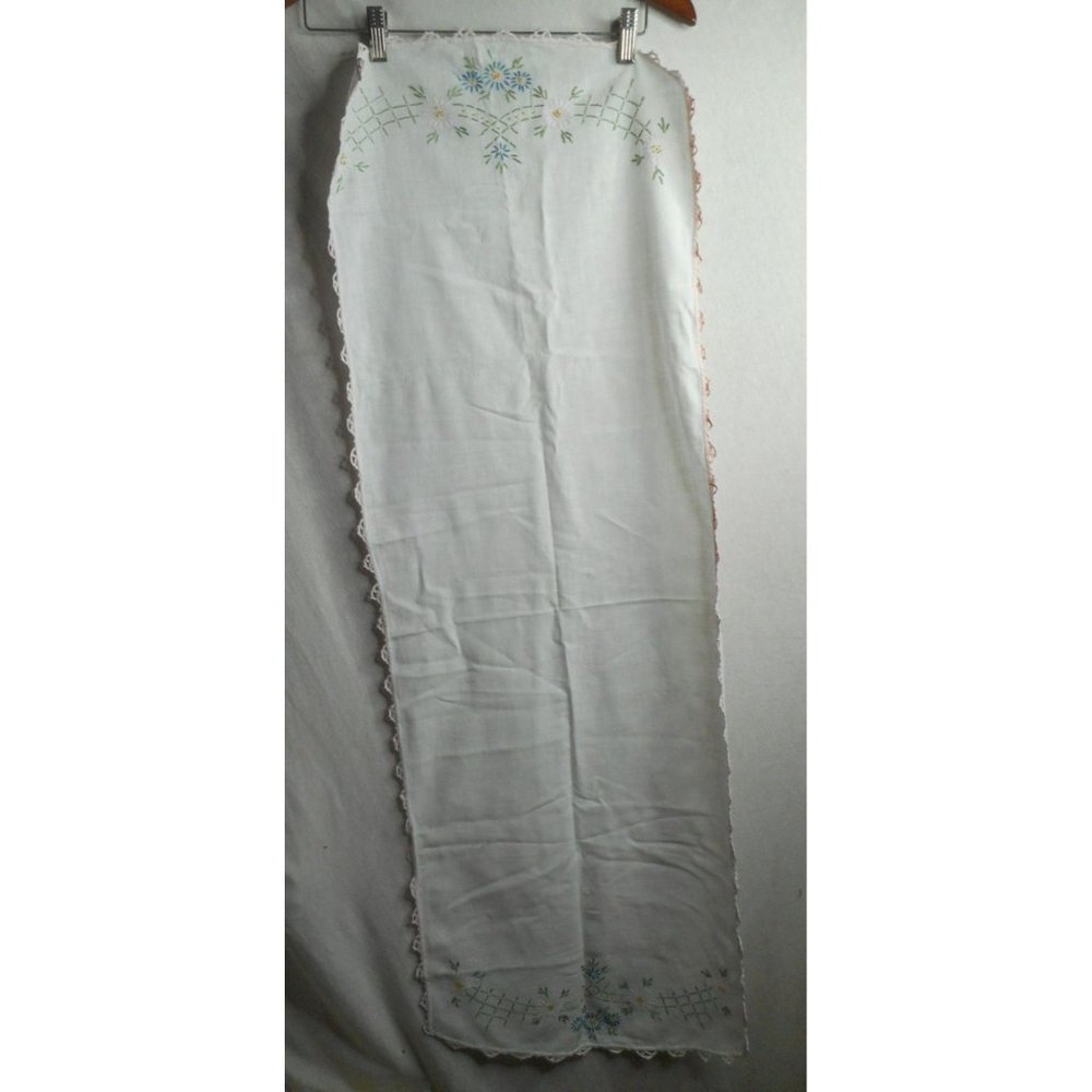 Vtg Pink Lace Blue and Pink Floral handmade embroidered Dresser scarf runner
